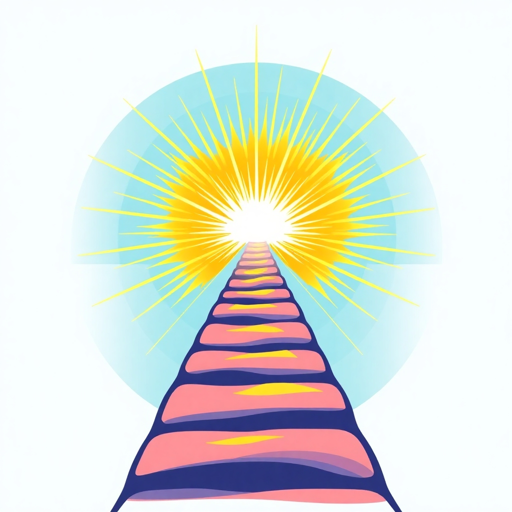 Create a stylized image showing a path leading to a brilliant, radiant light representing success and goal achievement. Use vivid colors and energetic lines to symbolize the journey and positive growth. Style references: Images symbolizing the path to success, with focus on progress and achievement