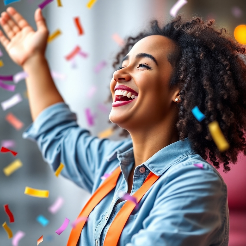 Generate a photorealistic image of a person joyfully celebrating the achievement of a significant goal. The image should be bright and colorful, with a sense of accomplishment. The person should be surrounded by confetti or other celebratory elements. The background should be slightly blurred to emphasize the person's feelings of joy and happiness. The overall color palette should be cheerful and optimistic. Style references: aspirational images related to personal success