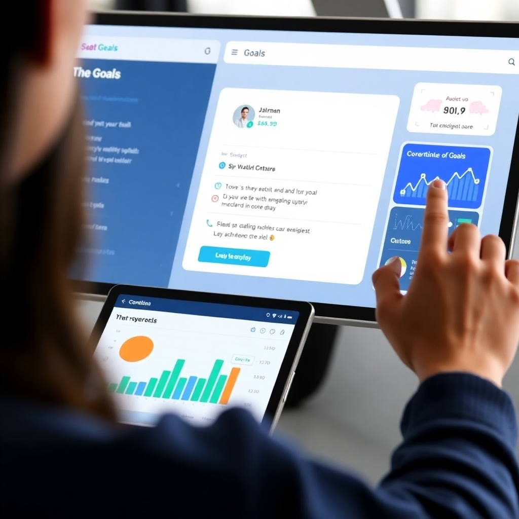 Image depicting a person setting goals using a digital interface, with clear visuals and data representing their progress and achievements. Style references: images depicting goal setting using digital platforms