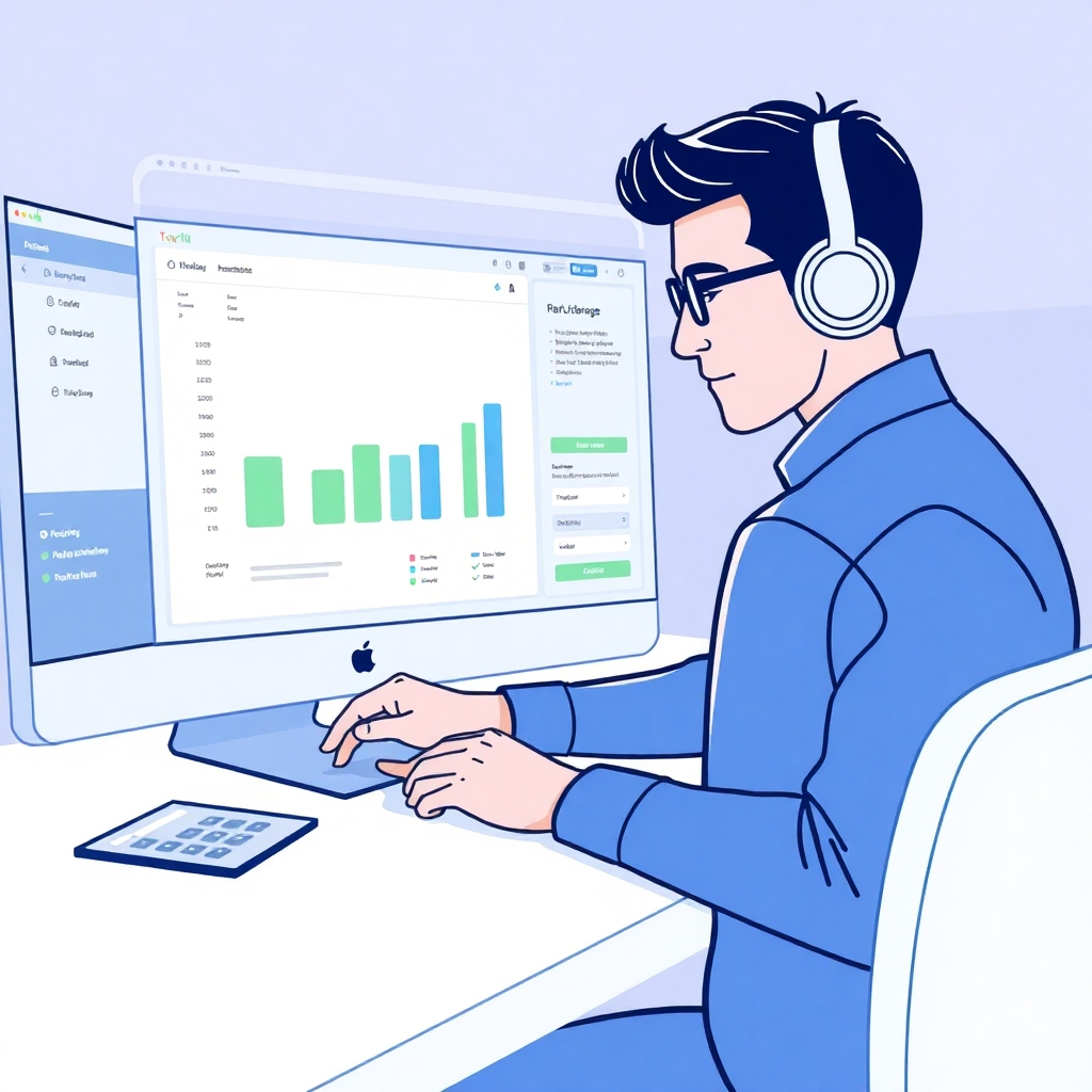 Image showing a user interacting with the software, showing how easy it is to use. Style references: user interface design