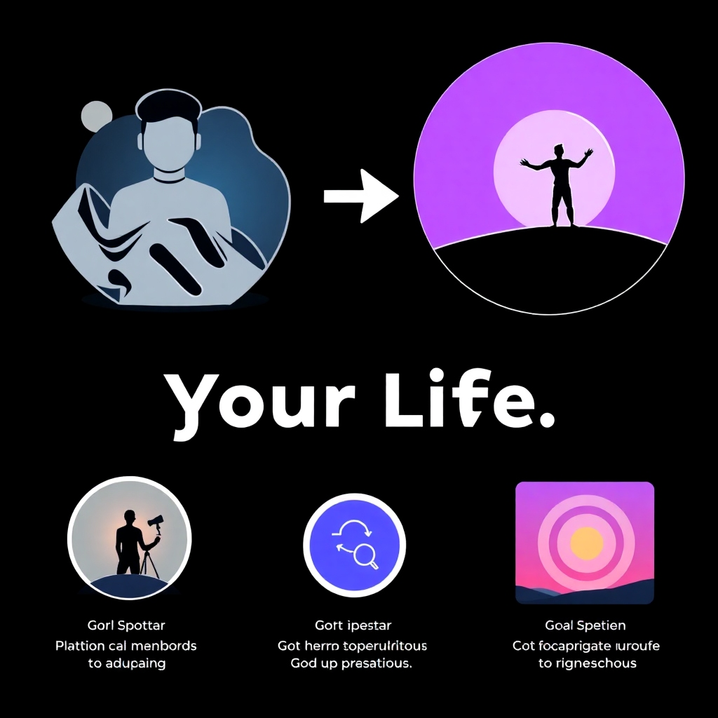 Image showing how the platform helps users transform their life through goal achievement. Style references: self-improvement and goal-oriented images
