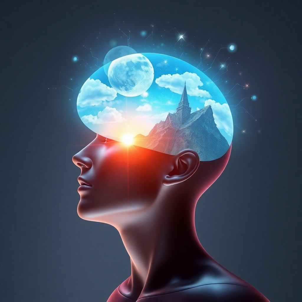 Produce an image using AI, showing a person's mind opening and images of their dreams and aspirations appear. Use a futuristic style, with sleek lines and vibrant colors. Style references: Images associated with visualizing success and reaching dreams